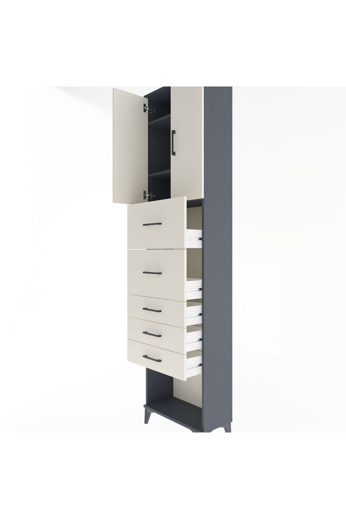 Arges Dolap 3 Raflı 5 Çekmeceli 2 Kapaklı 60x30x243 Antrasit-Aytaşı