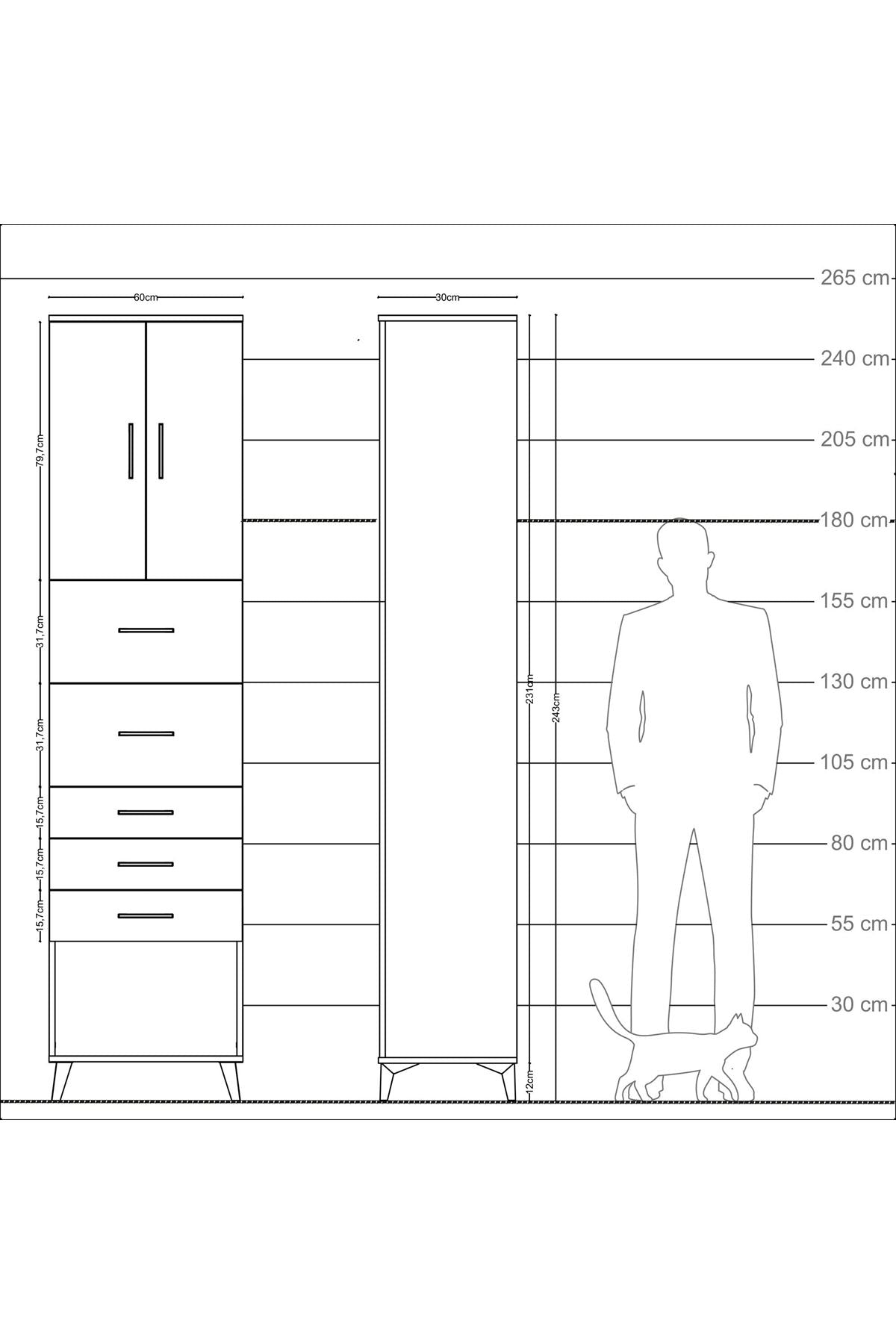 Arges Dolap 3 Raflı 5 Çekmeceli 2 Kapaklı 60x30x243 Antrasit-Aytaşı