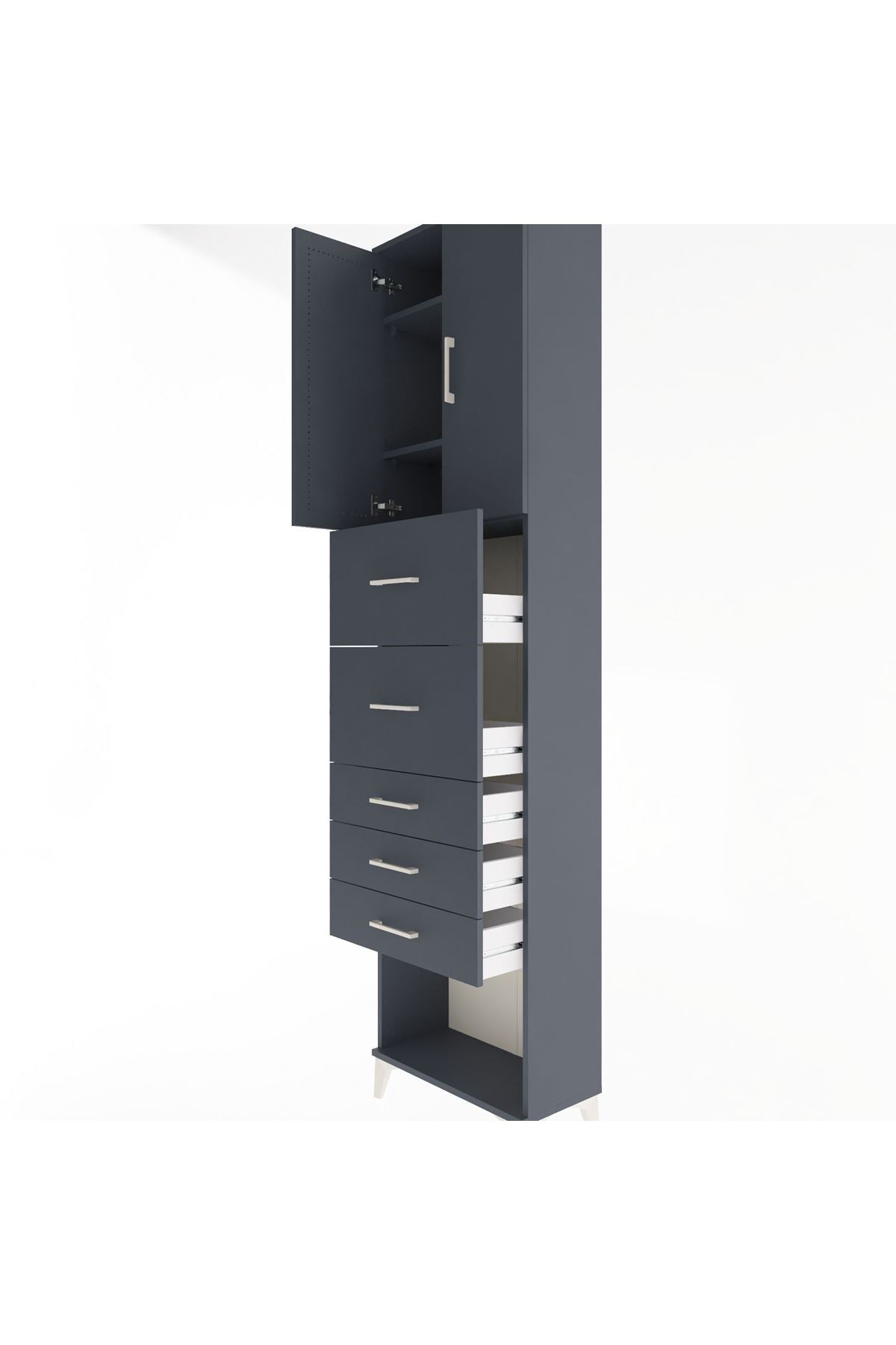 Arges Dolap 3 Raflı 5 Çekmeceli 2 Kapaklı 60x30x243 Antrasit-Antrasit