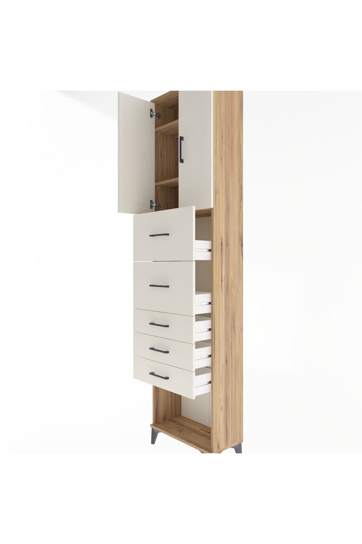 Arges Dolap 3 Raflı 5 Çekmeceli 2 Kapaklı 60x30x243 Çam-Aytaşı