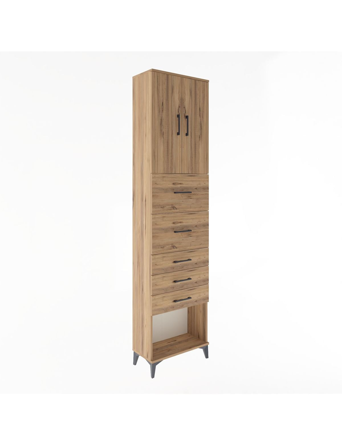 Arges Dolap 3 Raflı 5 Çekmeceli 2 Kapaklı 60x30x243 Çam-Çam