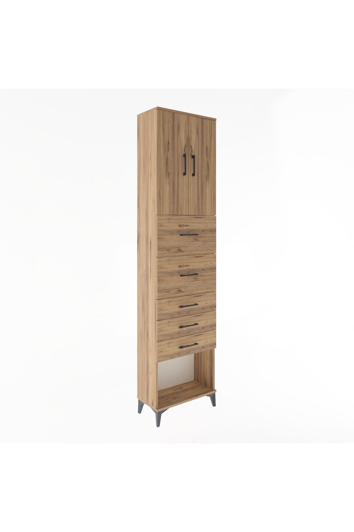 Arges Dolap 3 Raflı 5 Çekmeceli 2 Kapaklı 60x30x243 Çam-Çam