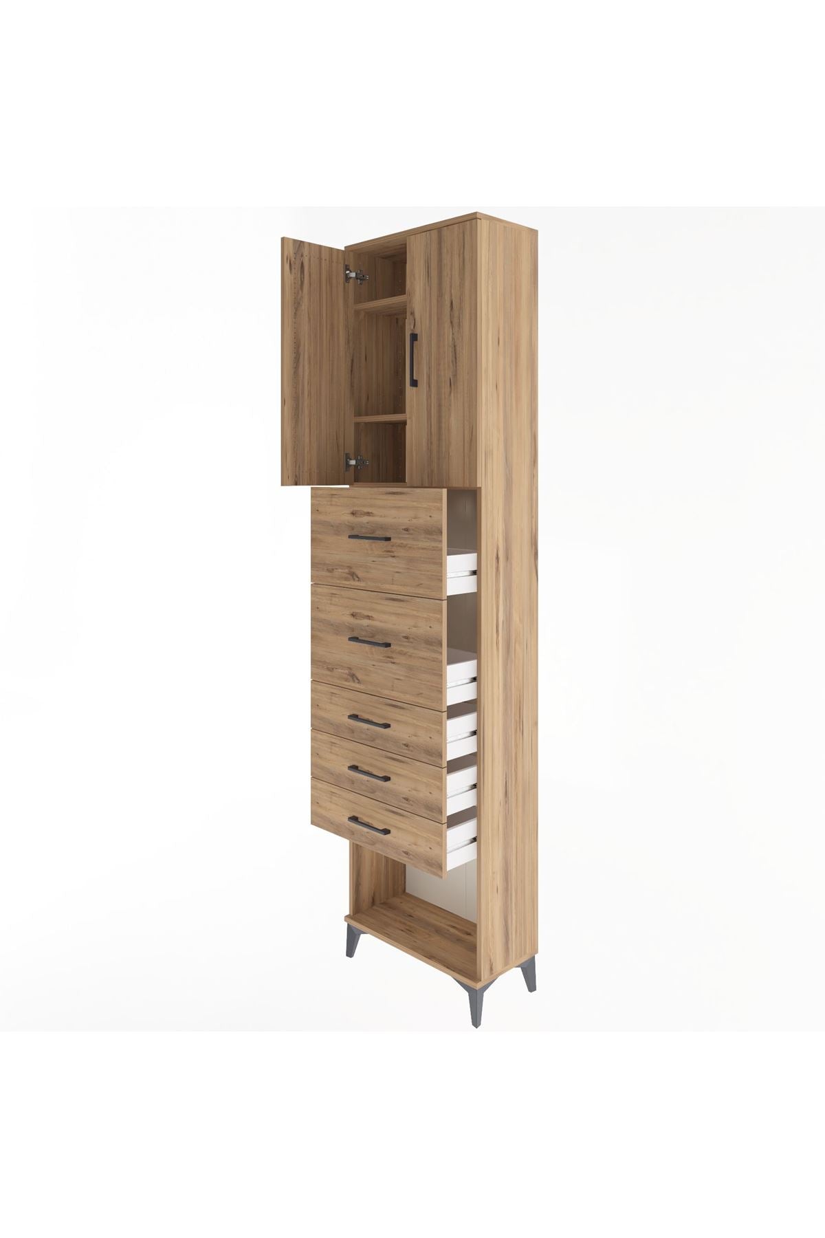 Arges Dolap 3 Raflı 5 Çekmeceli 2 Kapaklı 60x30x243 Çam-Çam