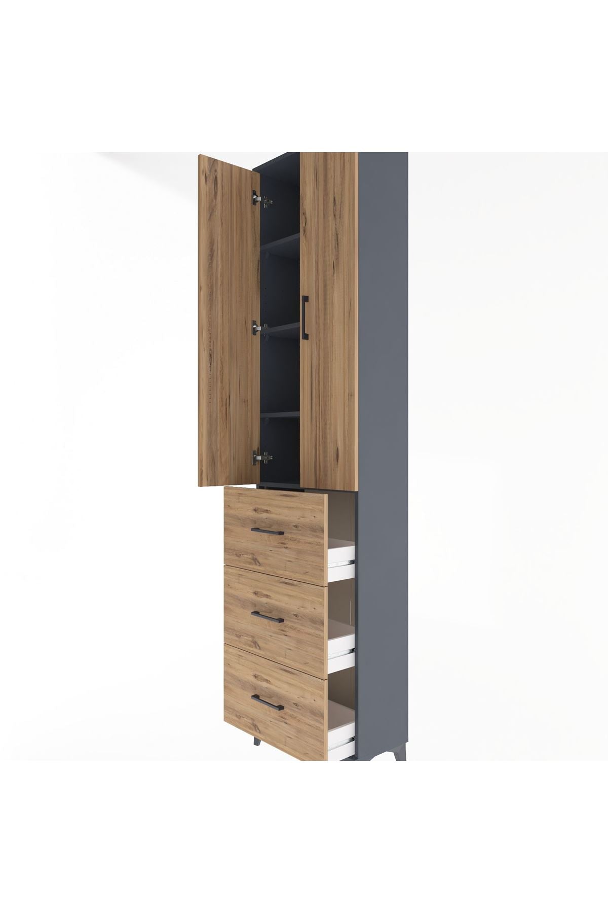 Arges Dolap 4 Raflı 3 Çekmeceli 2 Kapaklı 60x30x243 Antrasit-Çam