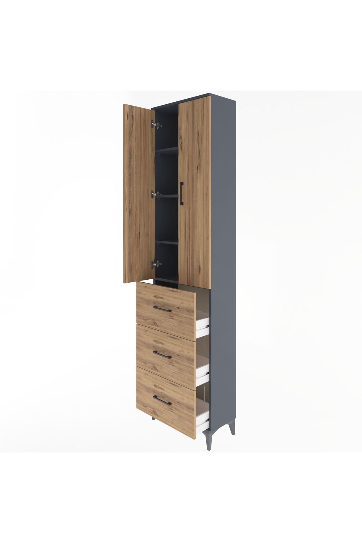 Arges Dolap 4 Raflı 3 Çekmeceli 2 Kapaklı 60x30x243 Antrasit-Çam