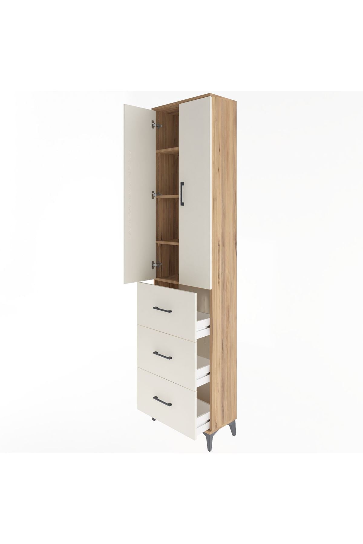 Arges Dolap 4 Raflı 3 Çekmeceli 2 Kapaklı 60x30x243 Çam-Aytaşı