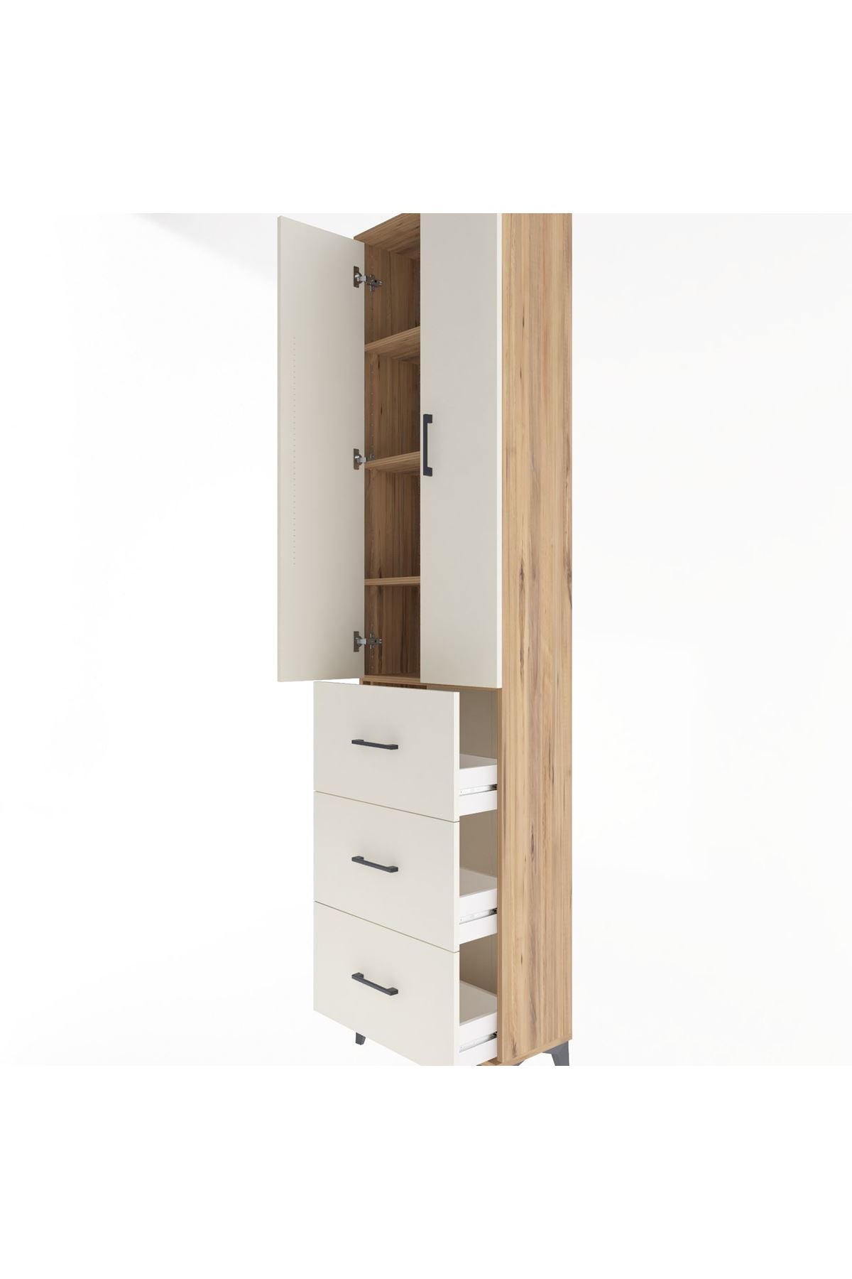 Arges Dolap 4 Raflı 3 Çekmeceli 2 Kapaklı 60x30x243 Çam-Aytaşı