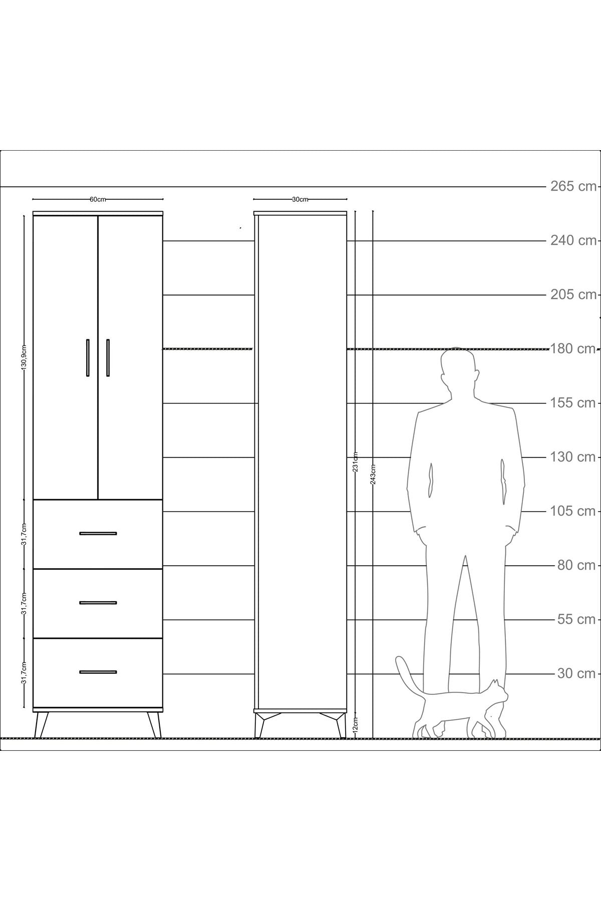 Arges Dolap 4 Raflı 3 Çekmeceli 2 Kapaklı 60x30x243 Çam-Aytaşı