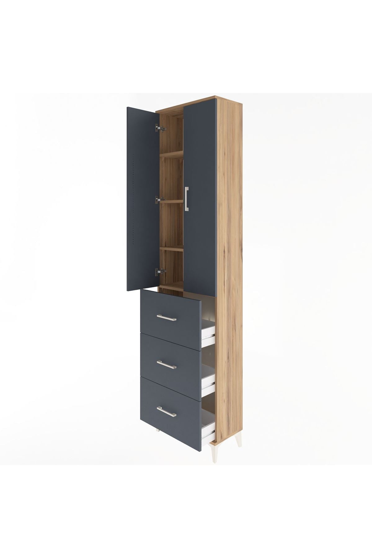 Arges Dolap 4 Raflı 3 Çekmeceli 2 Kapaklı 60x30x243 Çam-Antrasit