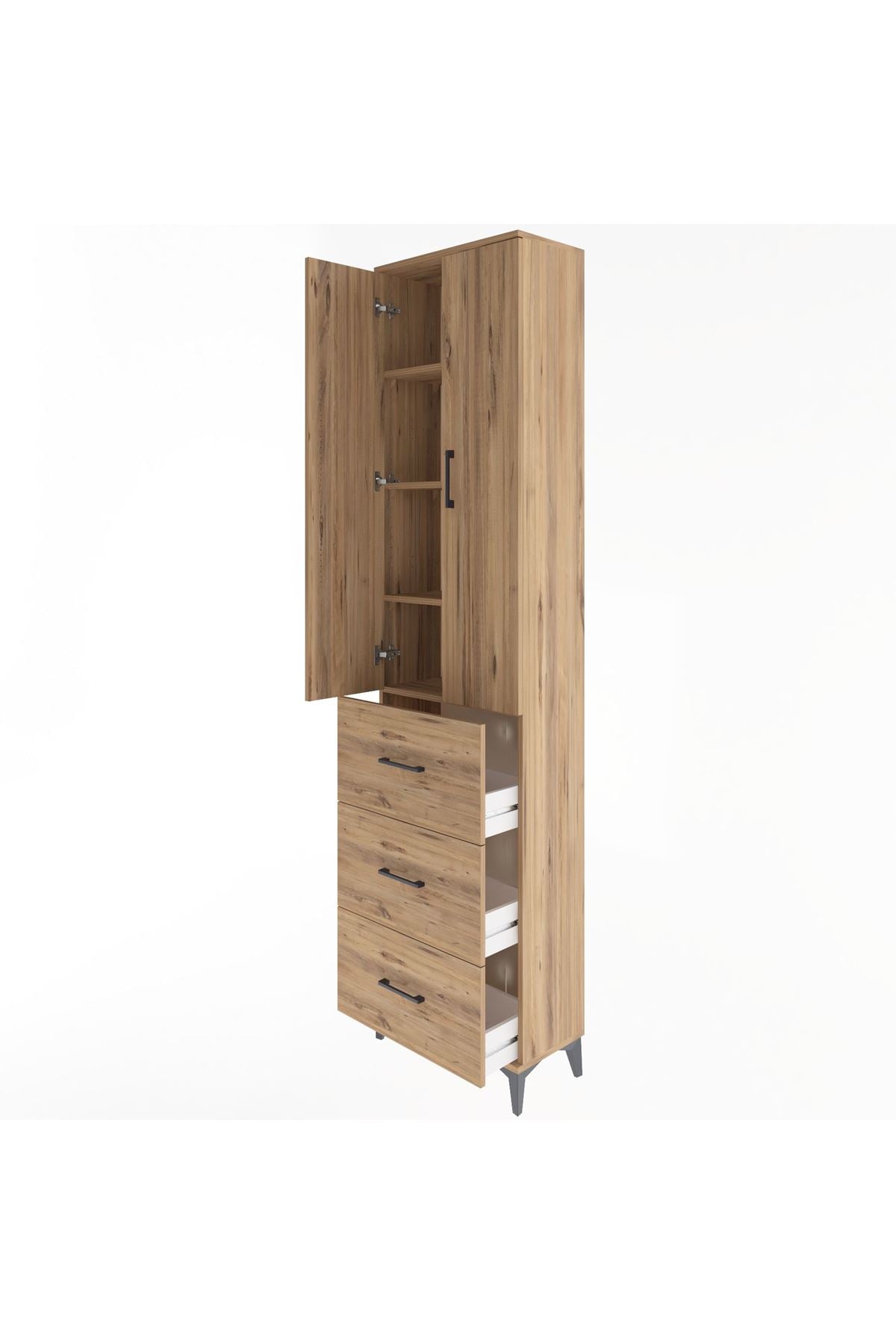 Arges Dolap 4 Raflı 3 Çekmeceli 2 Kapaklı 60x30x243 Çam-Çam