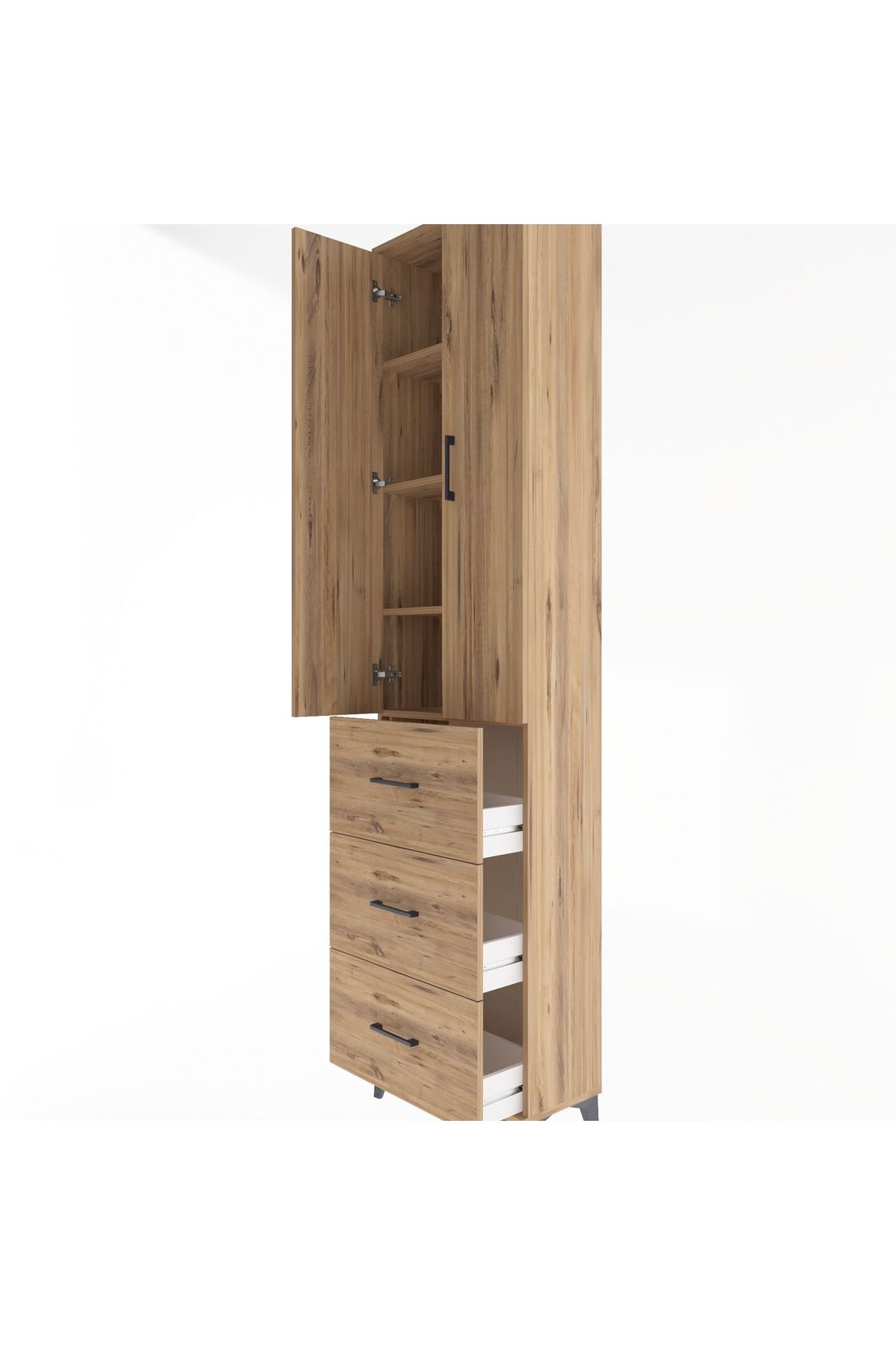 Arges Dolap 4 Raflı 3 Çekmeceli 2 Kapaklı 60x30x243 Çam-Çam