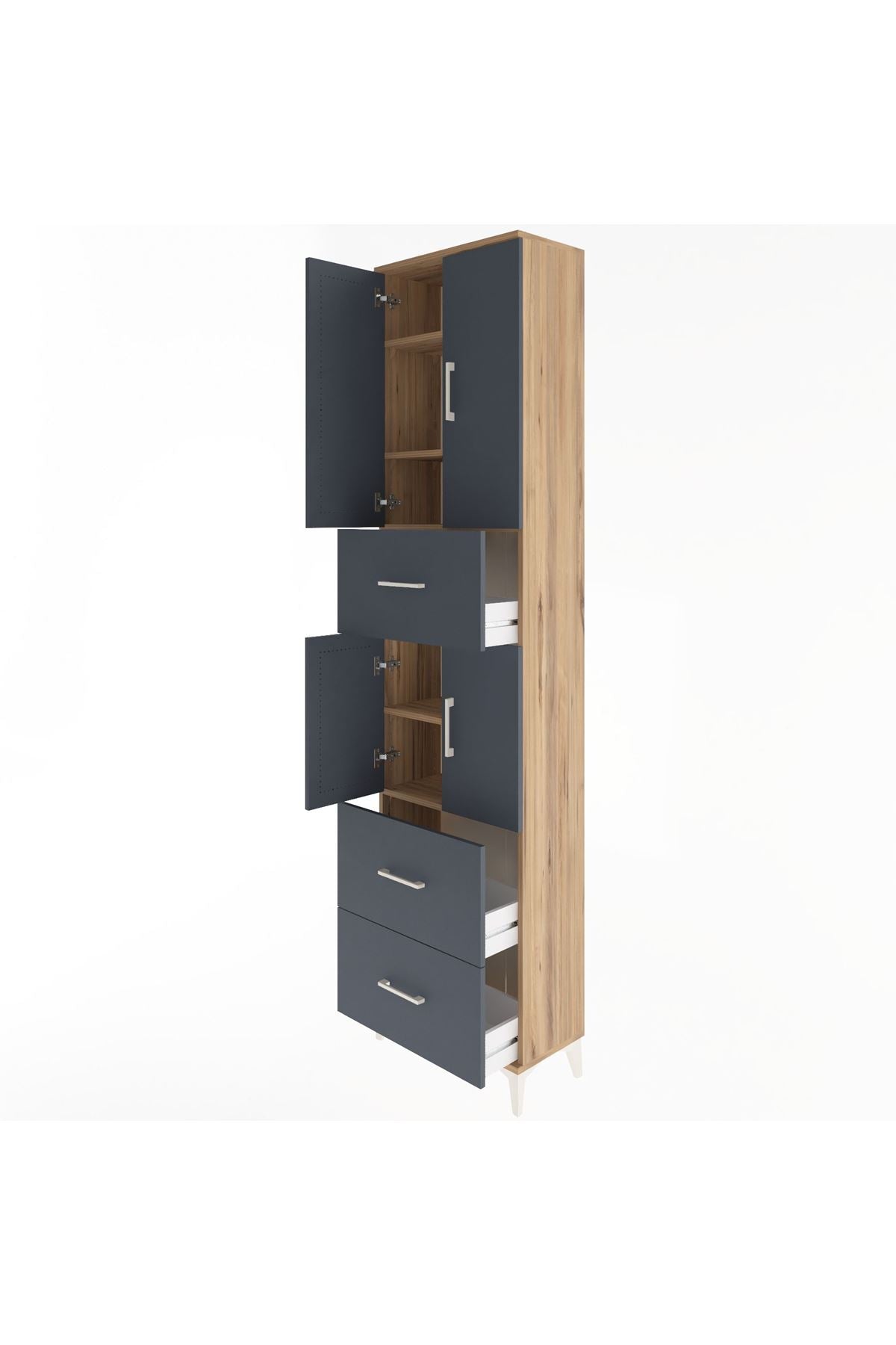 Arges Dolap 5 Raflı 3 Çekmeceli 4 Kapaklı 60x30x243 Çam-Antrasit