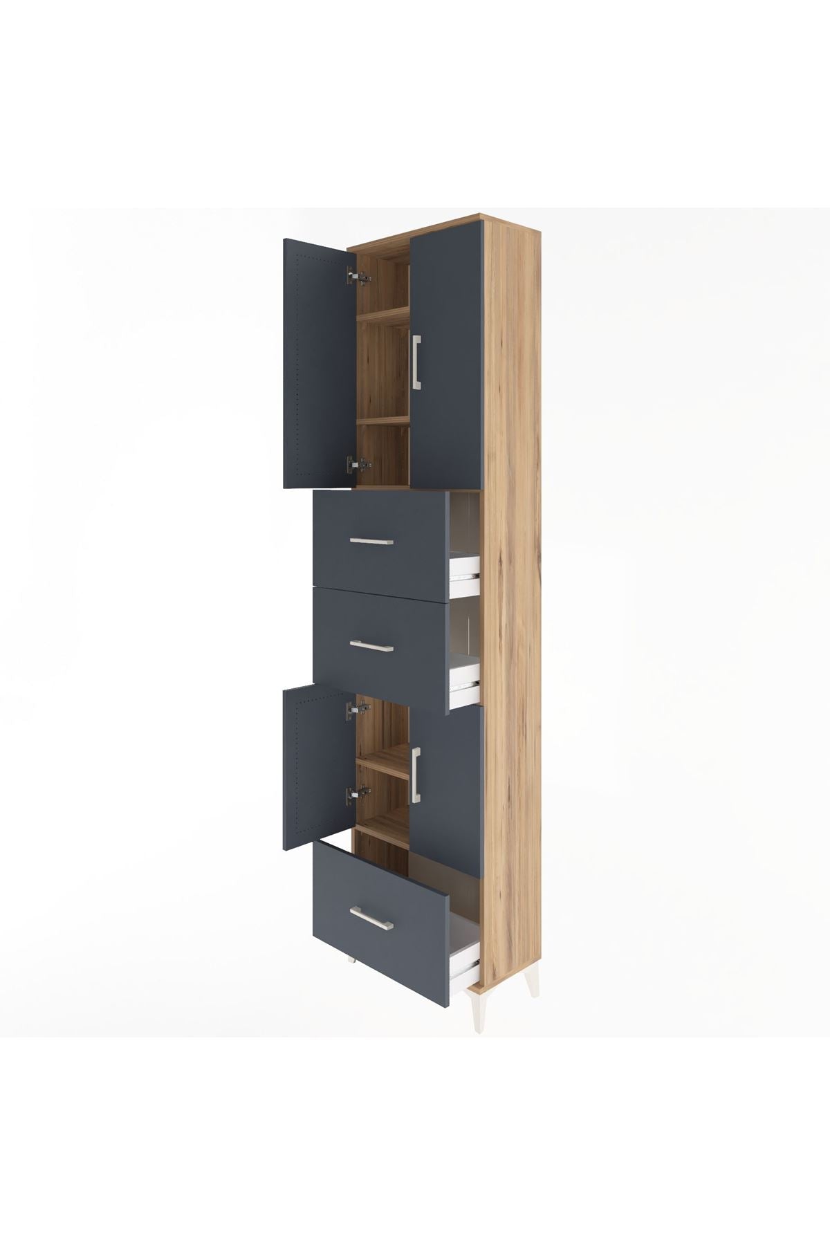 Arges Dolap 5 Raflı 3 Çekmeceli 4 Kapaklı 60x30x243 Çam-Antrasit