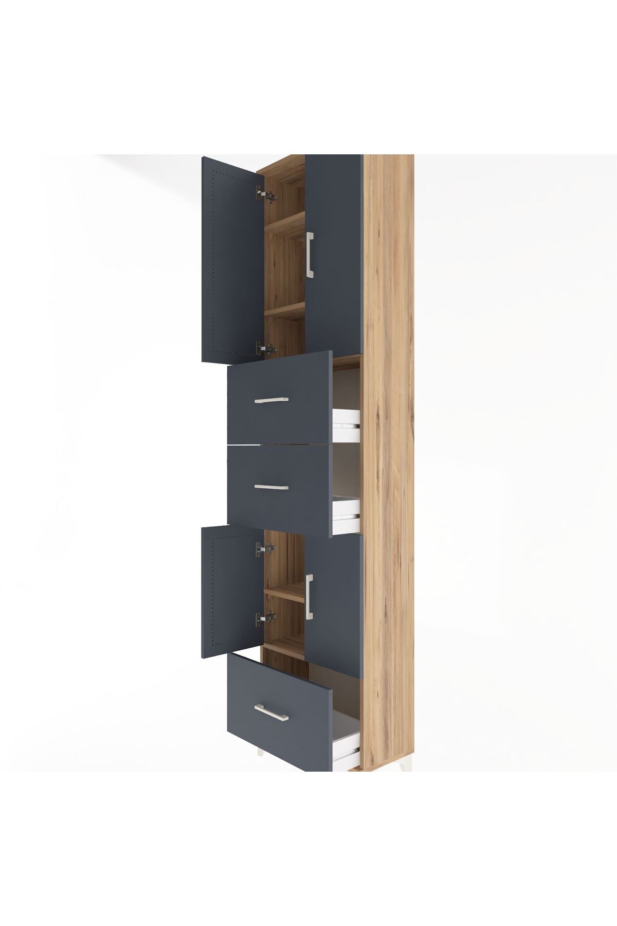 Arges Dolap 5 Raflı 3 Çekmeceli 4 Kapaklı 60x30x243 Çam-Antrasit