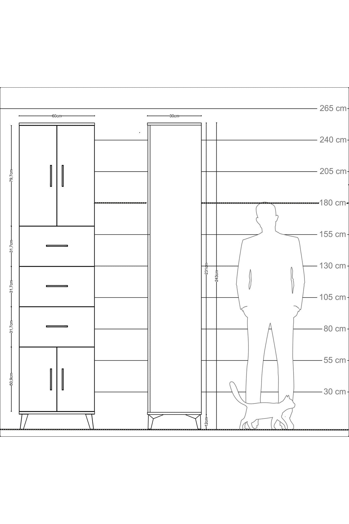 Arges Dolap Tek Raflı 3 Çekmeceli 4 Kapaklı 60x30x243 Çam-Aytaşı