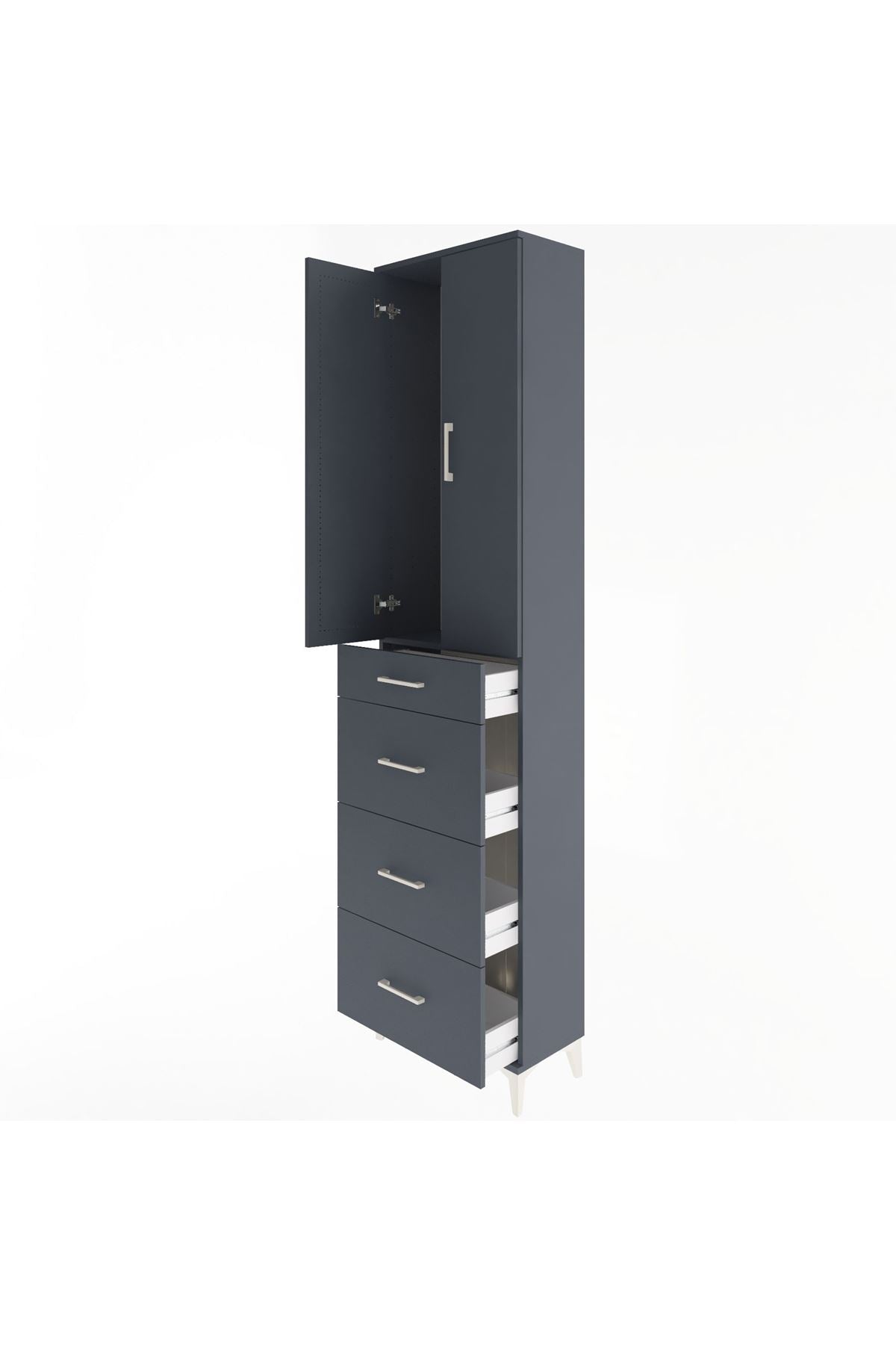 Arges Dolap Tek Raflı 4 Çekmeceli 2 Kapaklı 60x30x243 Antrasit-Antrasit