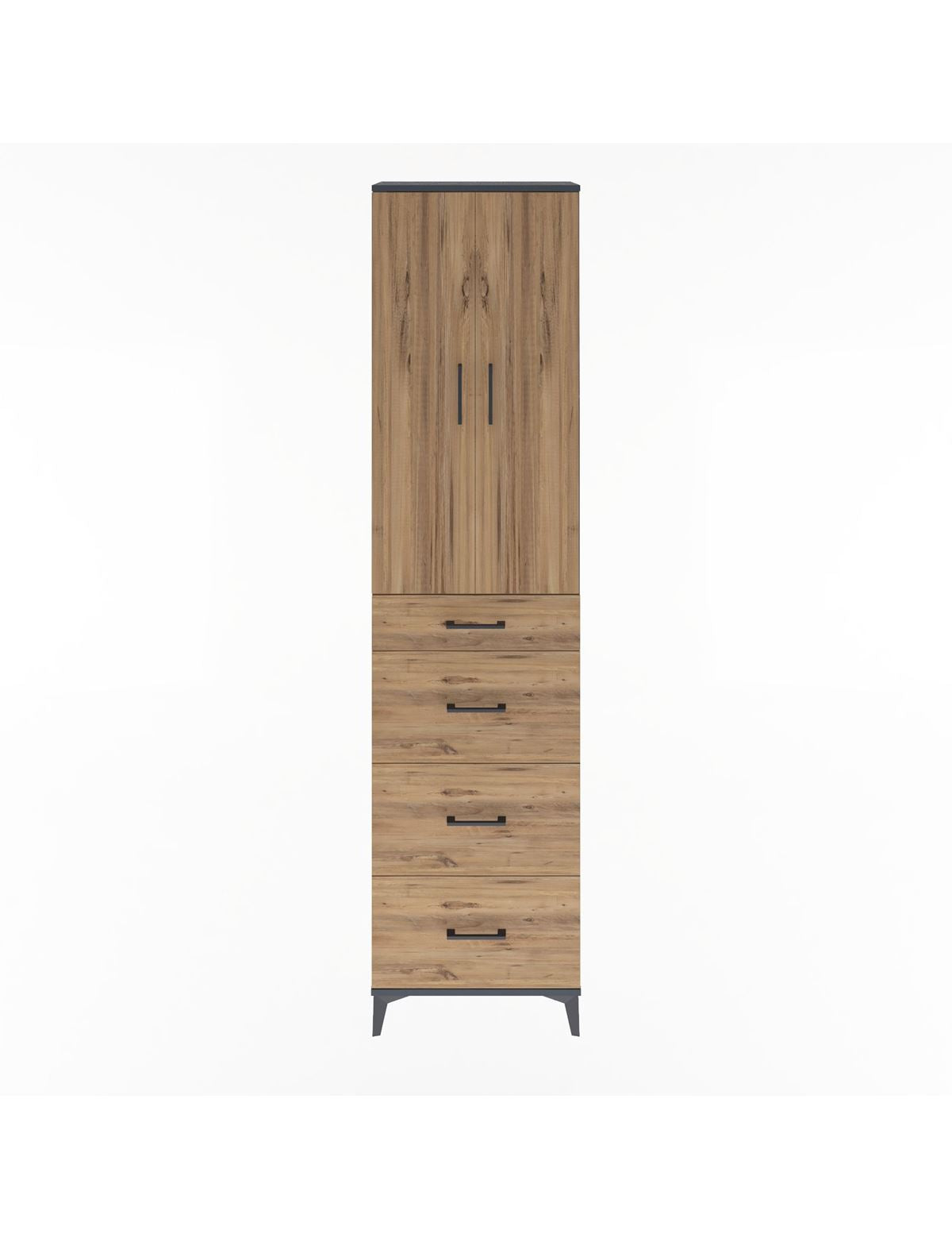 Arges Dolap Tek Raflı 4 Çekmeceli 2 Kapaklı 60x30x243 Antrasit-Çam