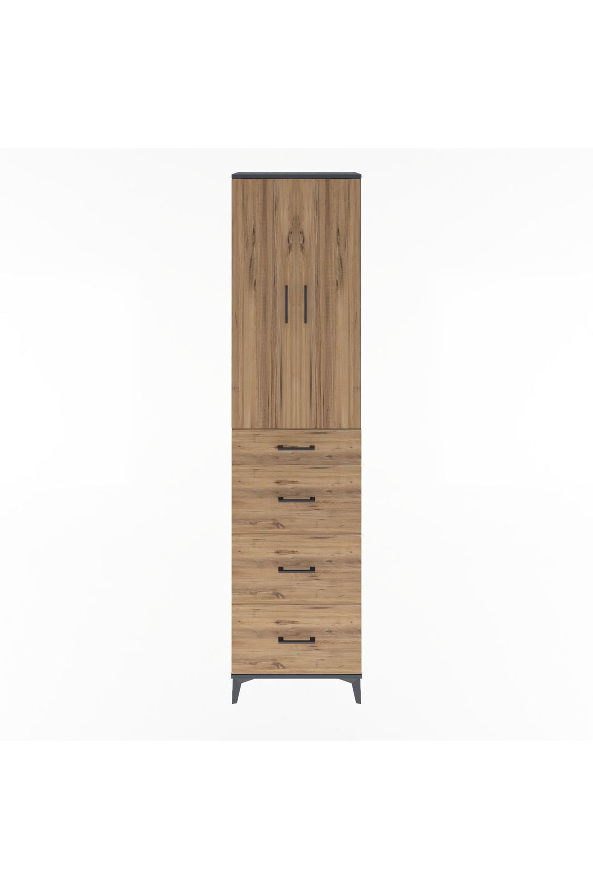 Arges Dolap Tek Raflı 4 Çekmeceli 2 Kapaklı 60x30x243 Antrasit-Çam