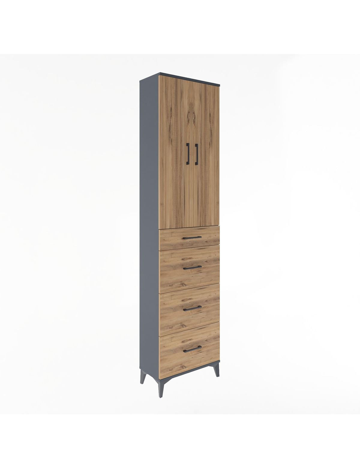 Arges Dolap Tek Raflı 4 Çekmeceli 2 Kapaklı 60x30x243 Antrasit-Çam