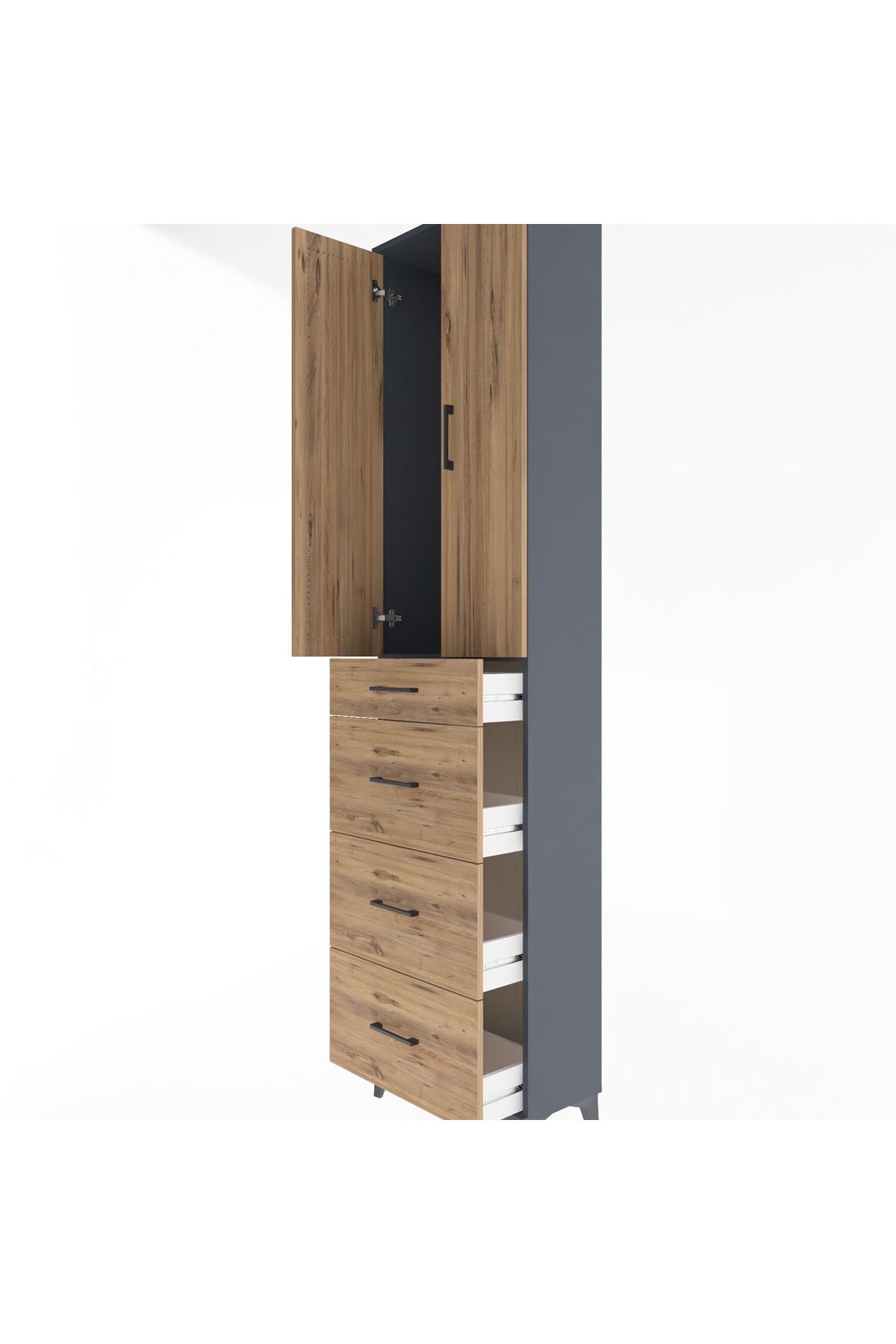 Arges Dolap Tek Raflı 4 Çekmeceli 2 Kapaklı 60x30x243 Antrasit-Çam