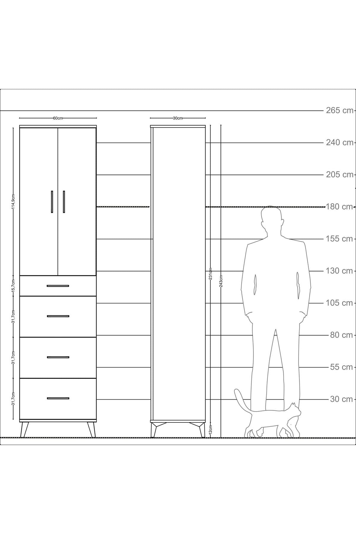 Arges Dolap Tek Raflı 4 Çekmeceli 2 Kapaklı 60x30x243 Çam-Aytaşı