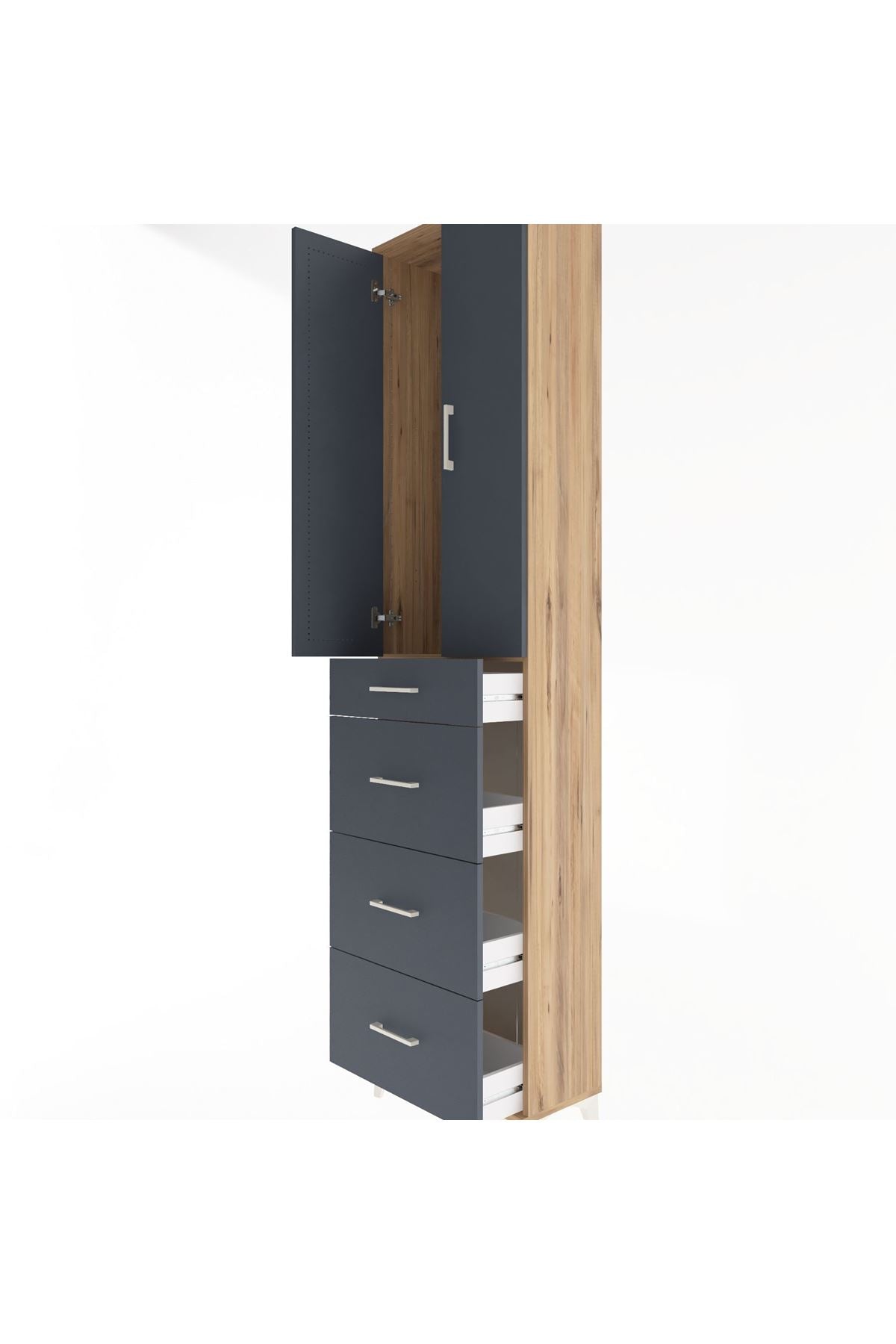 Arges Dolap Tek Raflı 4 Çekmeceli 2 Kapaklı 60x30x243 Çam-Antrasit
