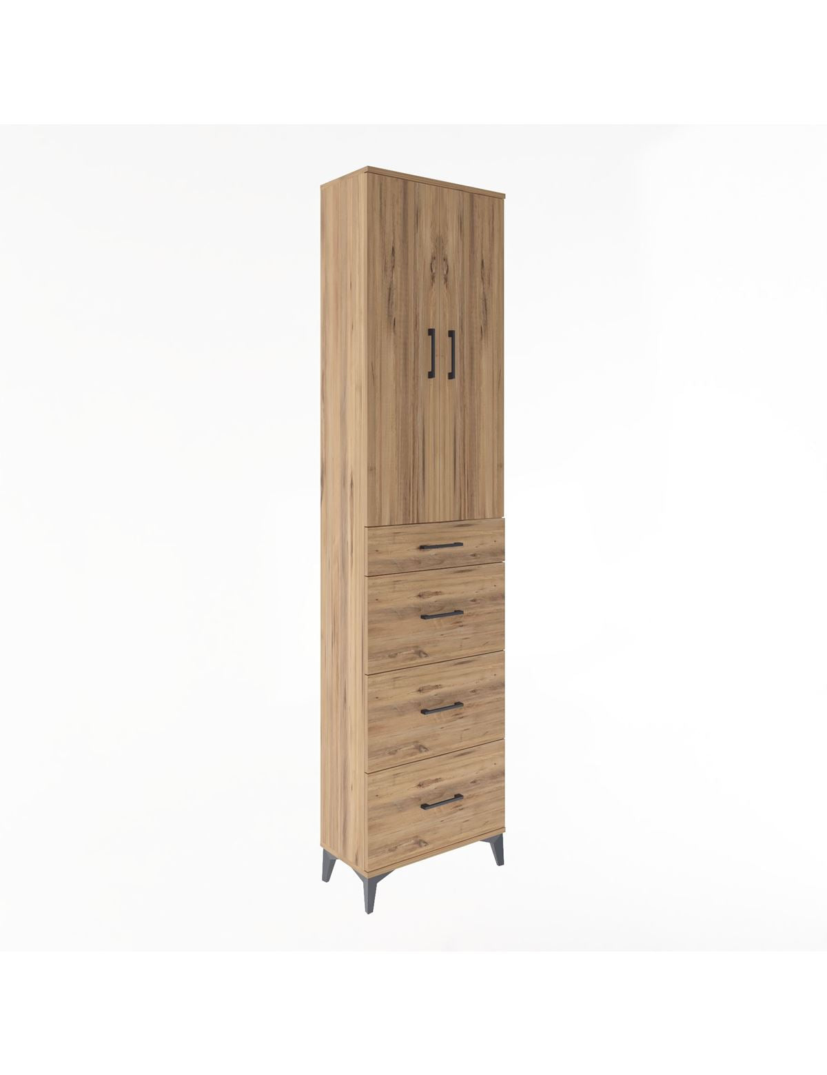 Arges Dolap Tek Raflı 4 Çekmeceli 2 Kapaklı 60x30x243 Çam-Çam