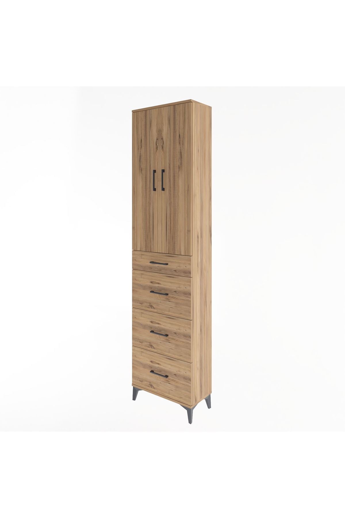 Arges Dolap Tek Raflı 4 Çekmeceli 2 Kapaklı 60x30x243 Çam-Çam