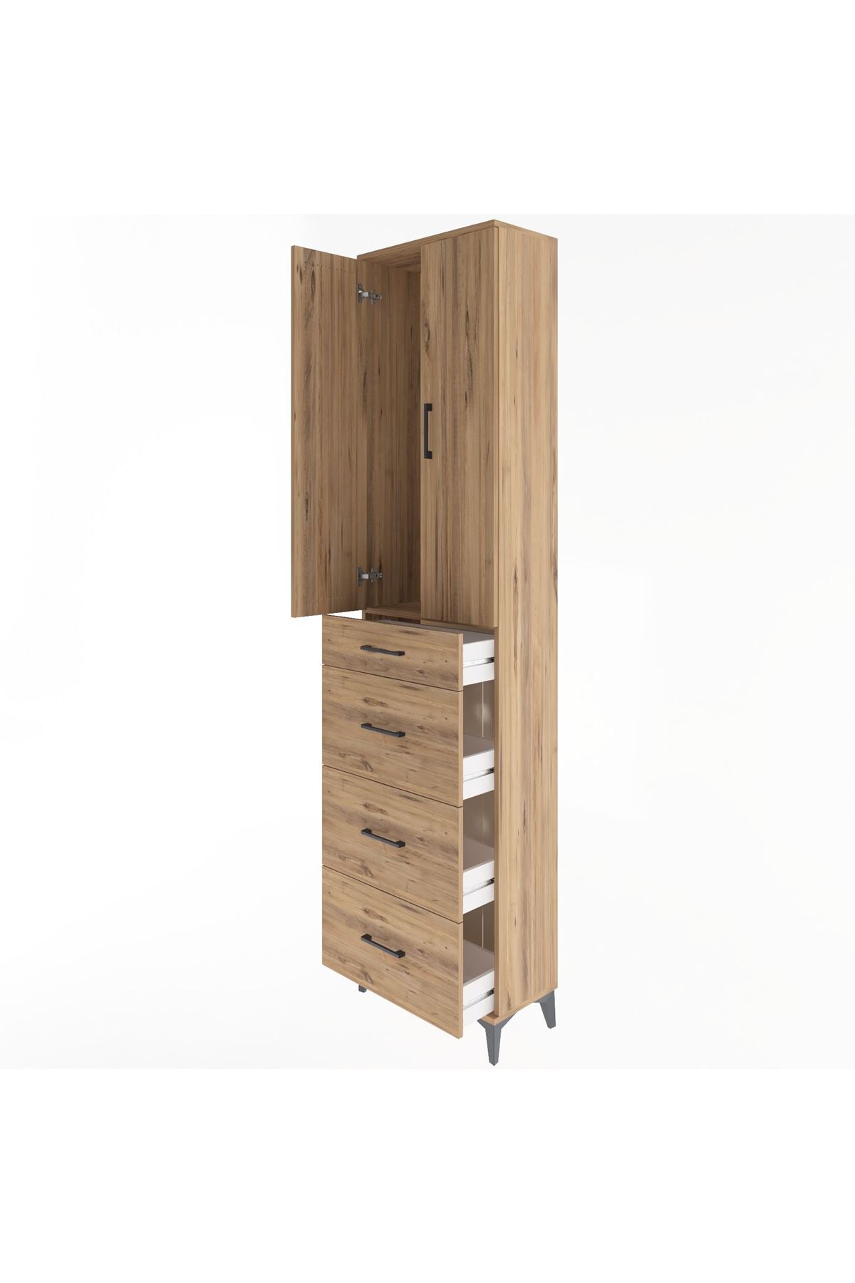 Arges Dolap Tek Raflı 4 Çekmeceli 2 Kapaklı 60x30x243 Çam-Çam