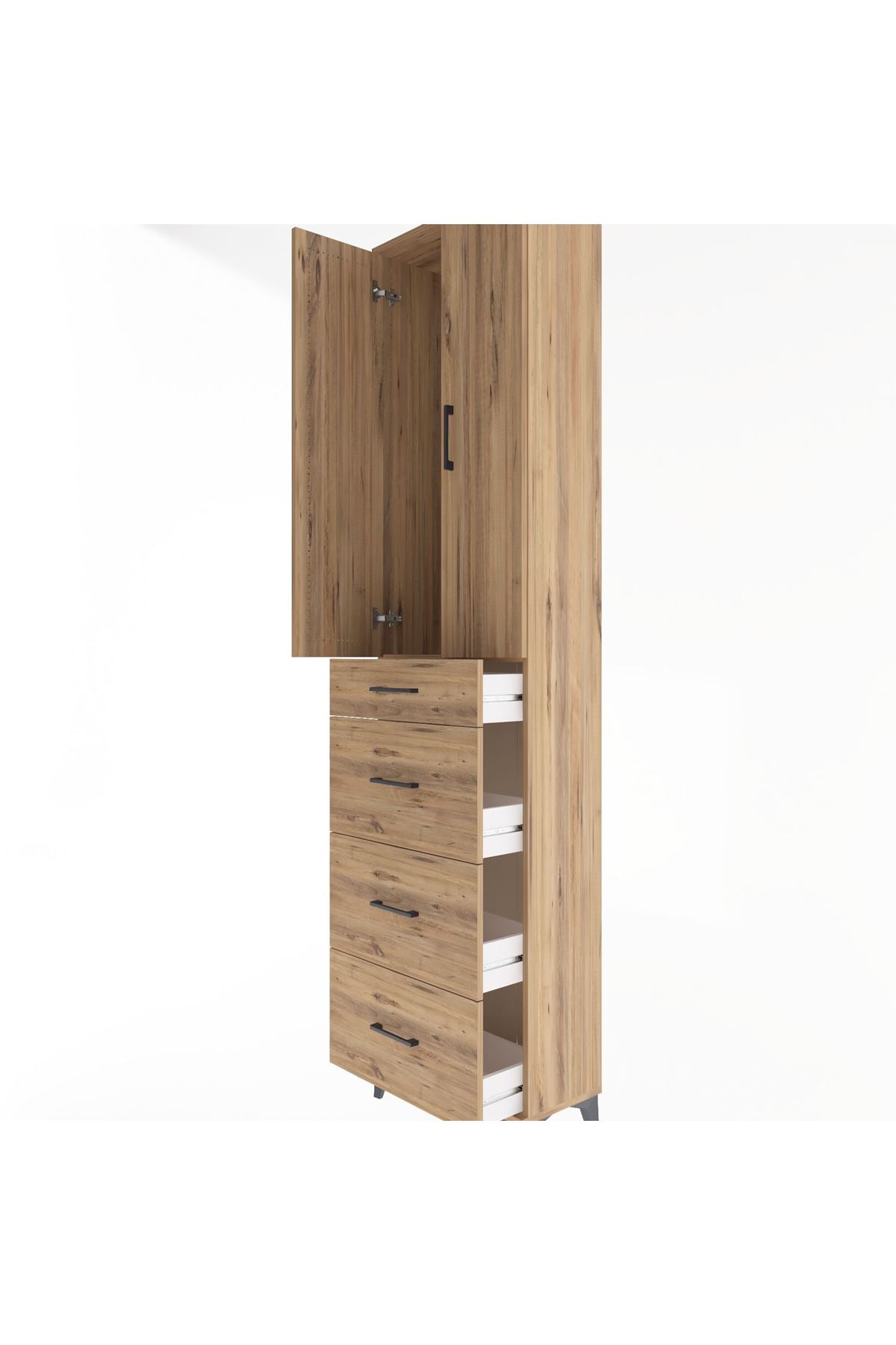 Arges Dolap Tek Raflı 4 Çekmeceli 2 Kapaklı 60x30x243 Çam-Çam