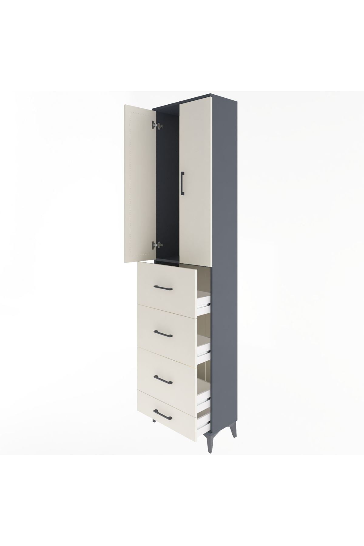 Arges Dolap Tek Raflı 4 Çekmeceli 2 Kapaklı 60x30x243 Antrasit-Aytaşı