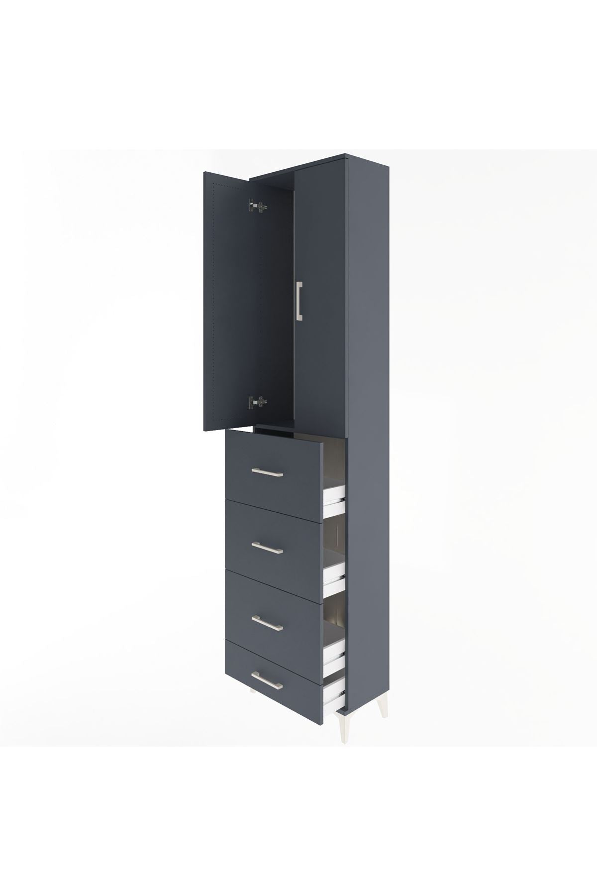 Arges Dolap Tek Raflı 4 Çekmeceli 2 Kapaklı 60x30x243 Antrasit-Antrasit