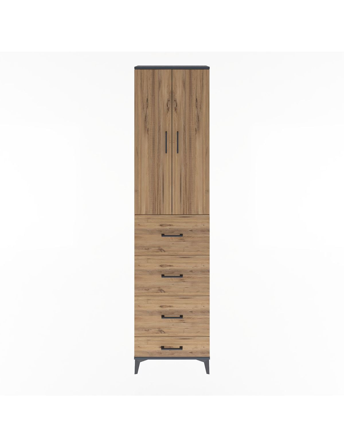 Arges Dolap Tek Raflı 4 Çekmeceli 2 Kapaklı 60x30x243 Antrasit-Çam