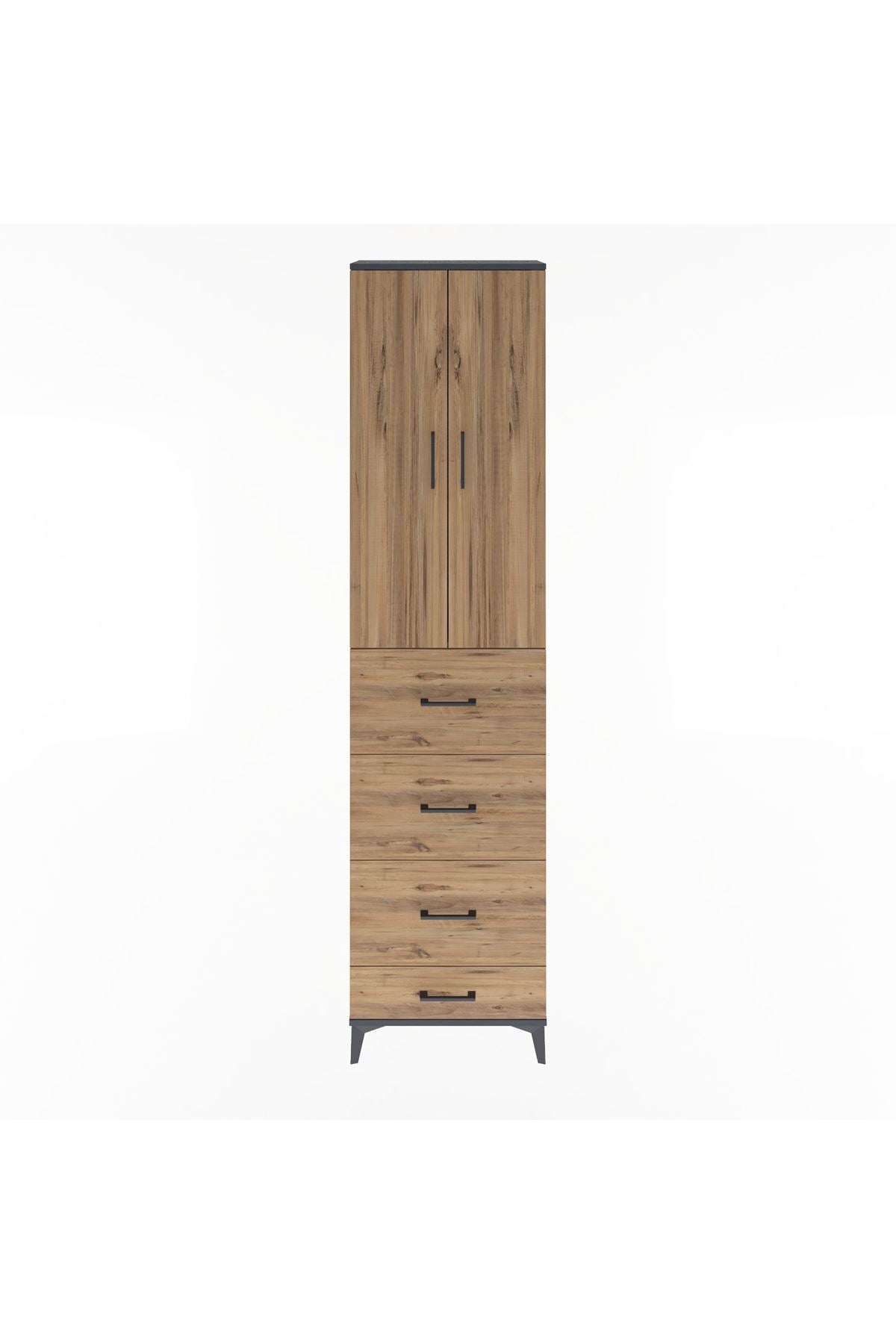 Arges Dolap Tek Raflı 4 Çekmeceli 2 Kapaklı 60x30x243 Antrasit-Çam