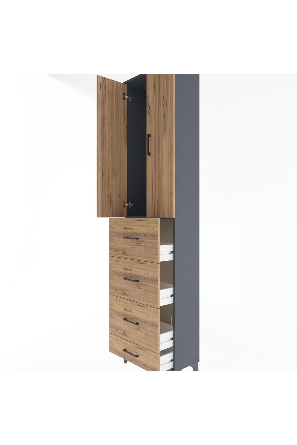 Arges Dolap Tek Raflı 4 Çekmeceli 2 Kapaklı 60x30x243 Antrasit-Çam