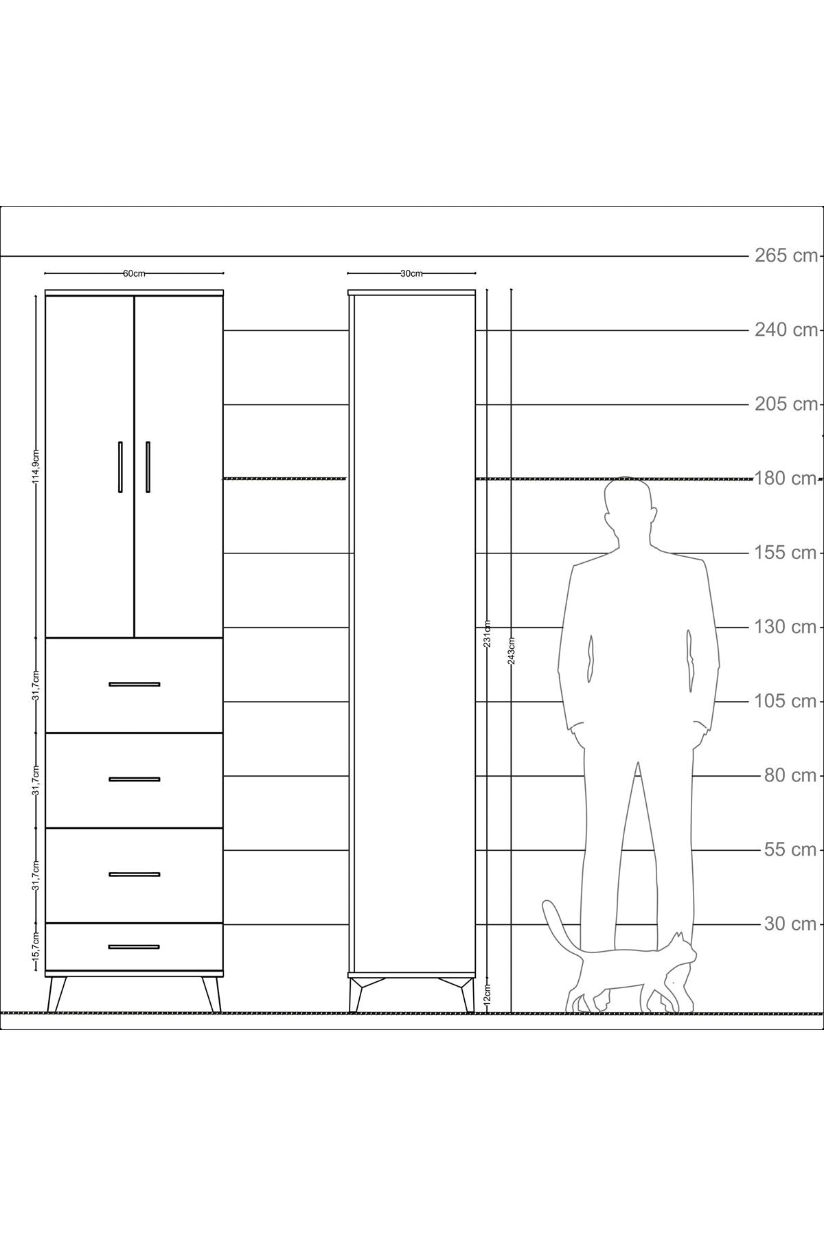 Arges Dolap Tek Raflı 4 Çekmeceli 2 Kapaklı 60x30x243 Çam-Aytaşı