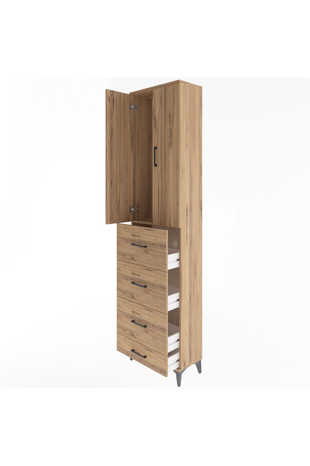 Arges Dolap Tek Raflı 4 Çekmeceli 2 Kapaklı 60x30x243 Çam-Çam