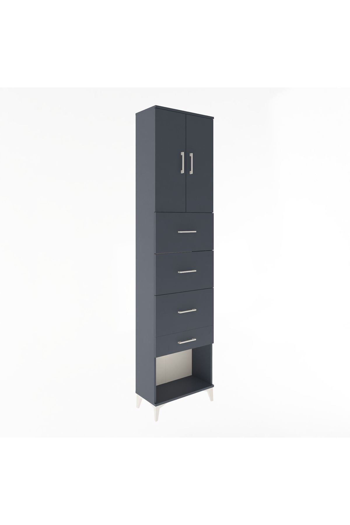 Arges Dolap Tek Raflı 4 Çekmeceli 2 Kapaklı 60x30x243 Antrasit-Antrasit