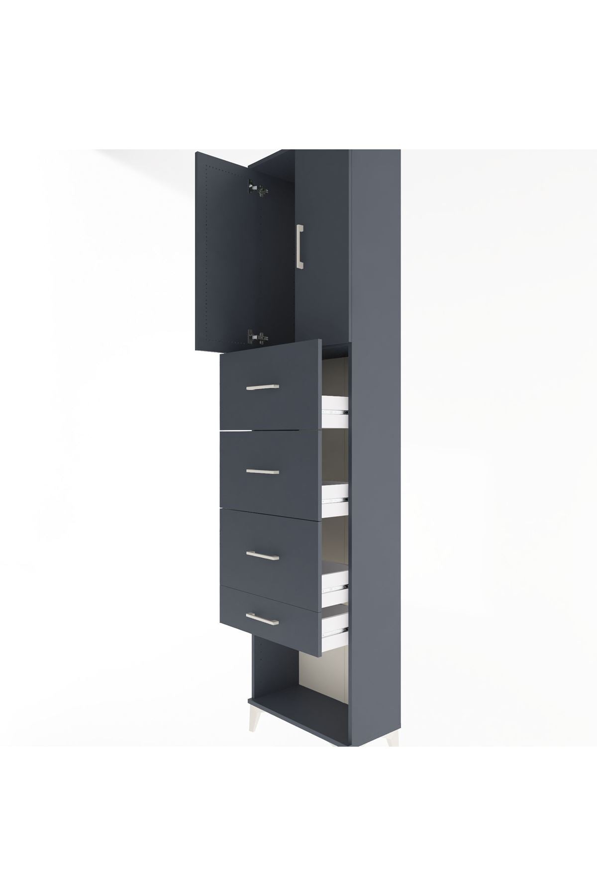 Arges Dolap Tek Raflı 4 Çekmeceli 2 Kapaklı 60x30x243 Antrasit-Antrasit