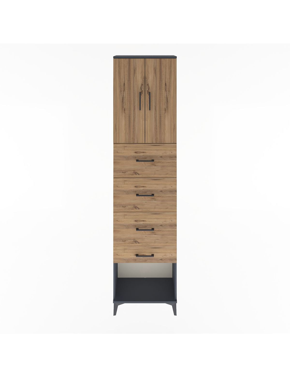 Arges Dolap Tek Raflı 4 Çekmeceli 2 Kapaklı 60x30x243 Antrasit-Çam