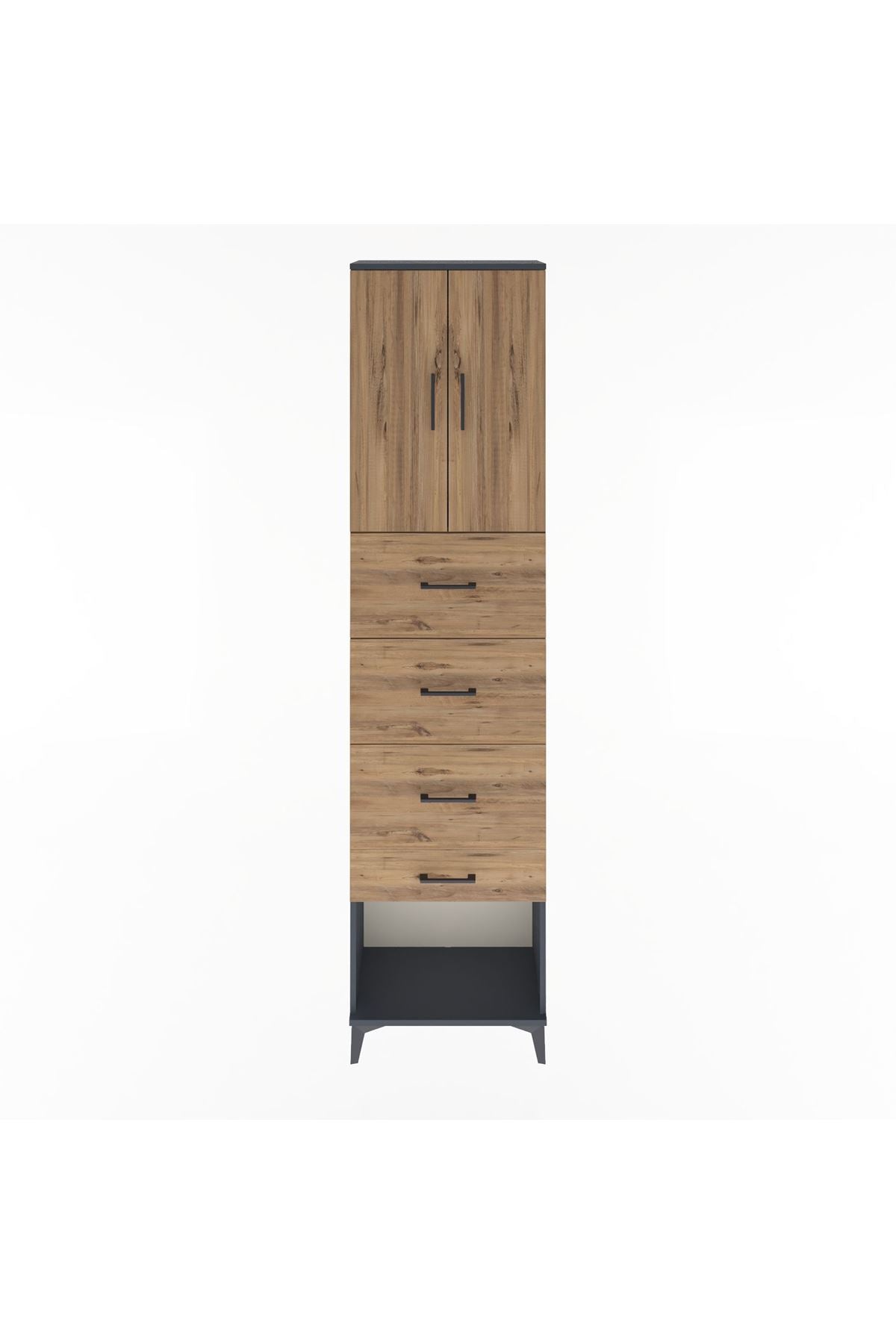 Arges Dolap Tek Raflı 4 Çekmeceli 2 Kapaklı 60x30x243 Antrasit-Çam