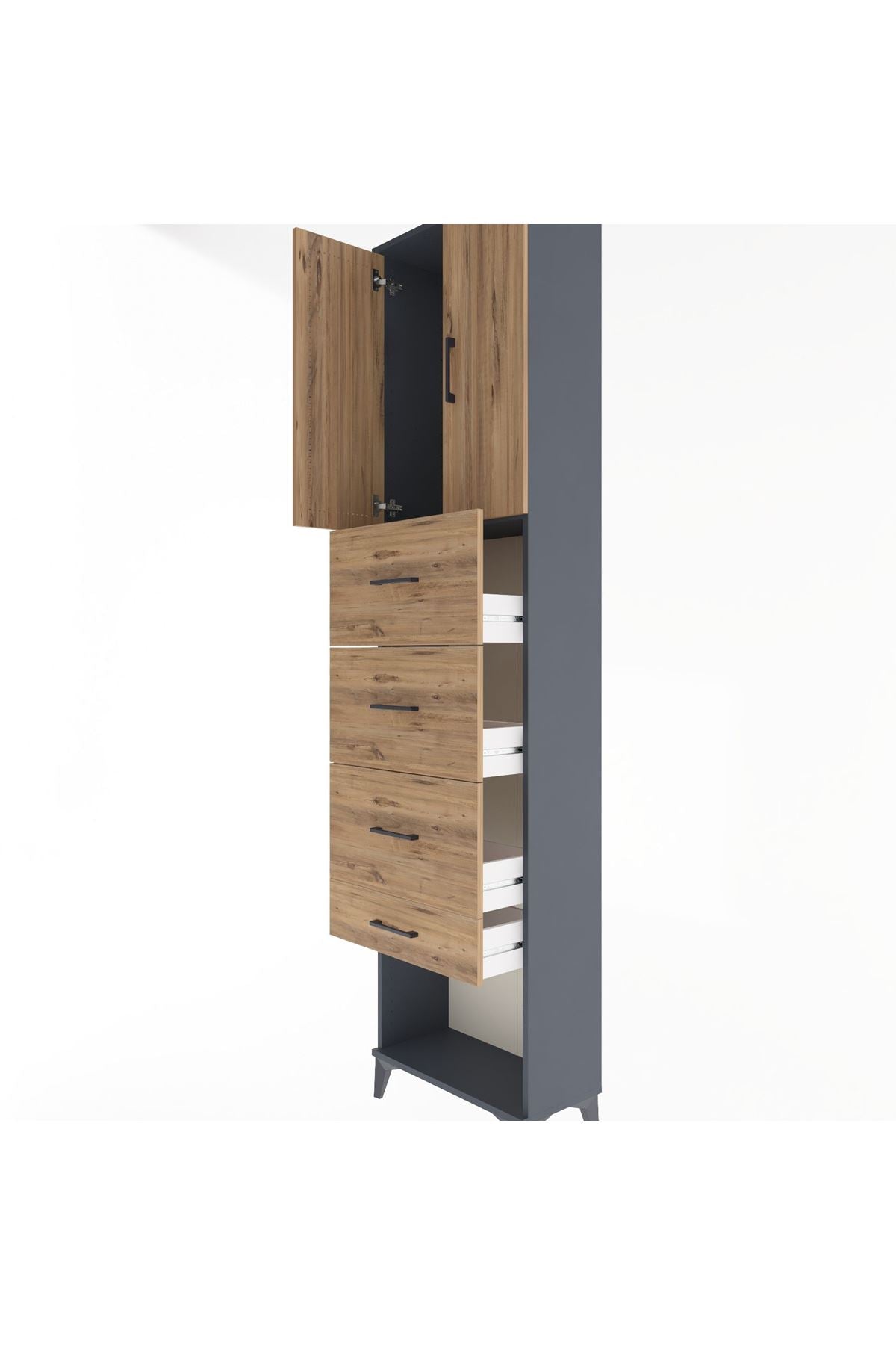 Arges Dolap Tek Raflı 4 Çekmeceli 2 Kapaklı 60x30x243 Antrasit-Çam