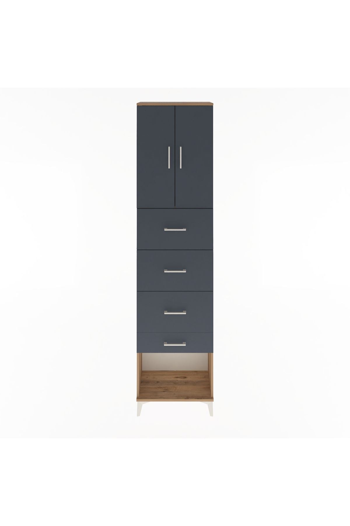 Arges Dolap Tek Raflı 4 Çekmeceli 2 Kapaklı 60x30x243 Çam-Antrasit