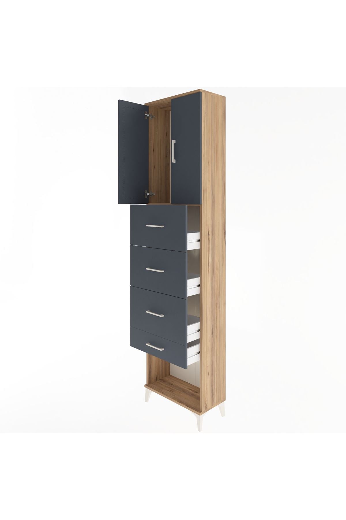 Arges Dolap Tek Raflı 4 Çekmeceli 2 Kapaklı 60x30x243 Çam-Antrasit