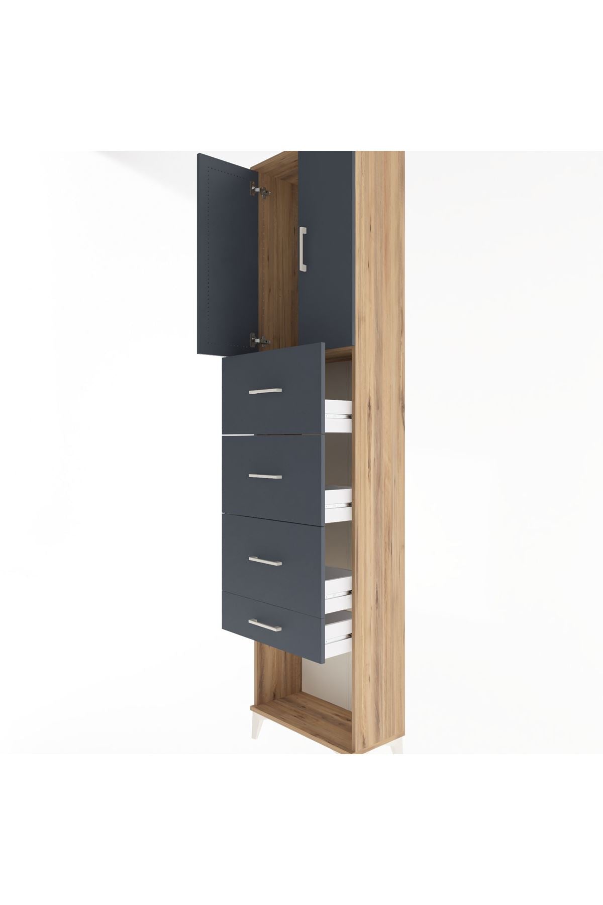 Arges Dolap Tek Raflı 4 Çekmeceli 2 Kapaklı 60x30x243 Çam-Antrasit