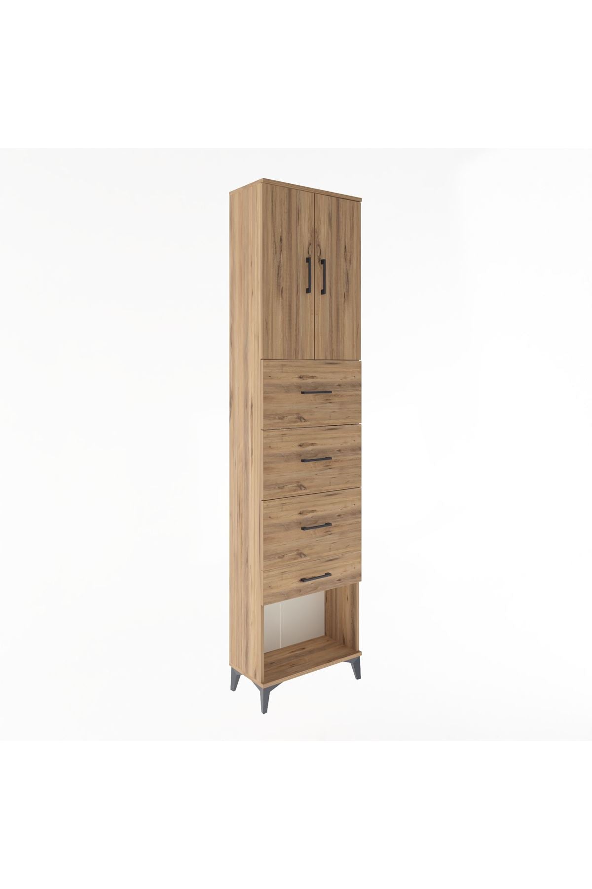 Arges Dolap Tek Raflı 4 Çekmeceli 2 Kapaklı 60x30x243 Çam-Çam