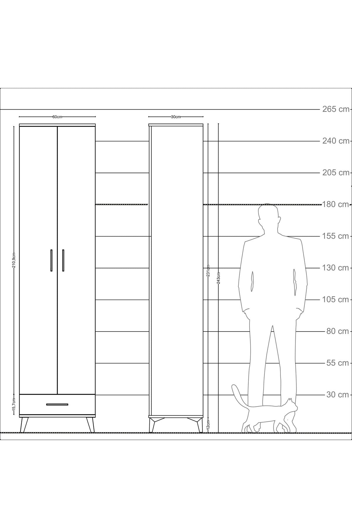 Arges Dolap 5 Raflı Tek Çekmeceli 2 Kapaklı 60x30x243 Antrasit-Çam