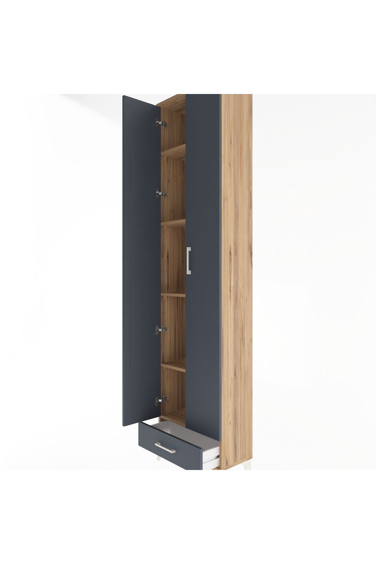 Arges Dolap 5 Raflı Tek Çekmeceli 2 Kapaklı 60x30x243 Çam-Antrasit