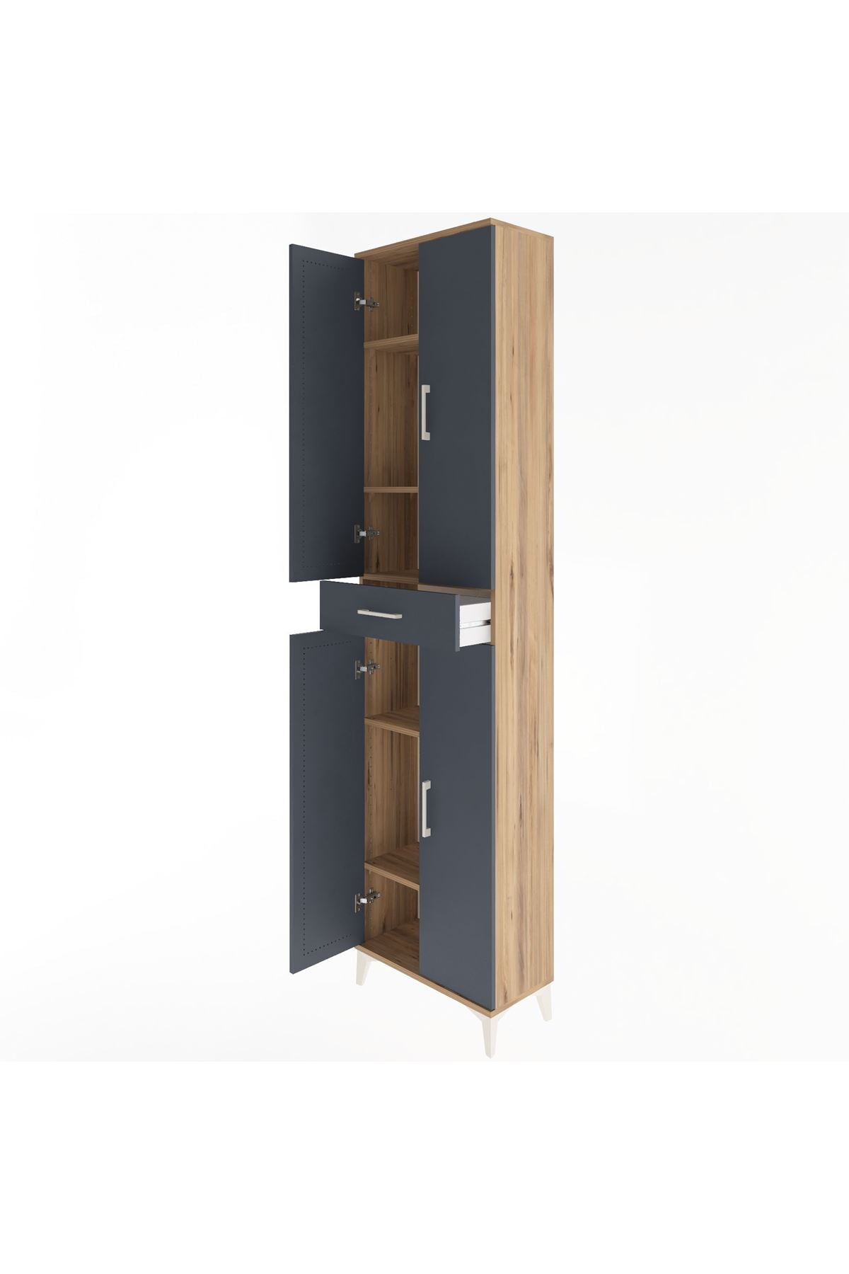 Arges Dolap 5 Raflı Tek Çekmeceli 4 Kapaklı 60x30x243 Çam-Antrasit