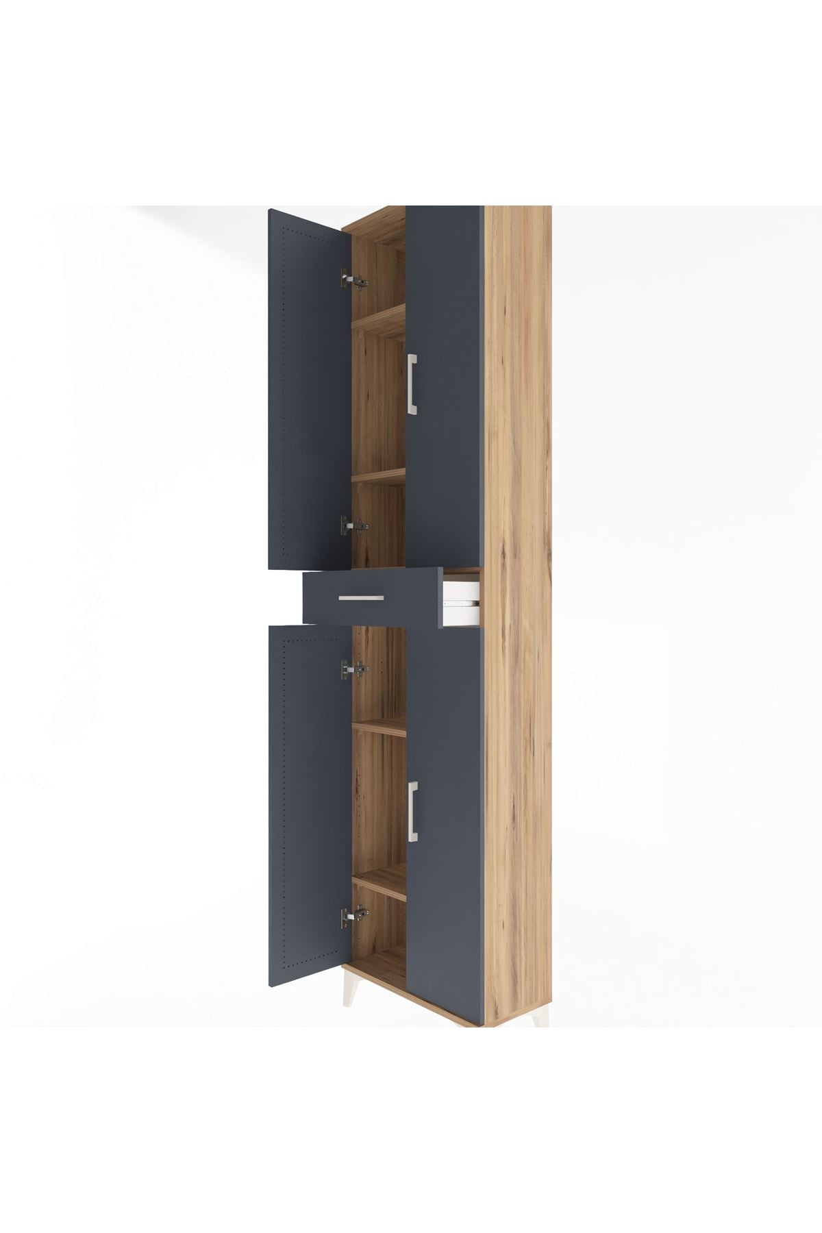 Arges Dolap 5 Raflı Tek Çekmeceli 4 Kapaklı 60x30x243 Çam-Antrasit